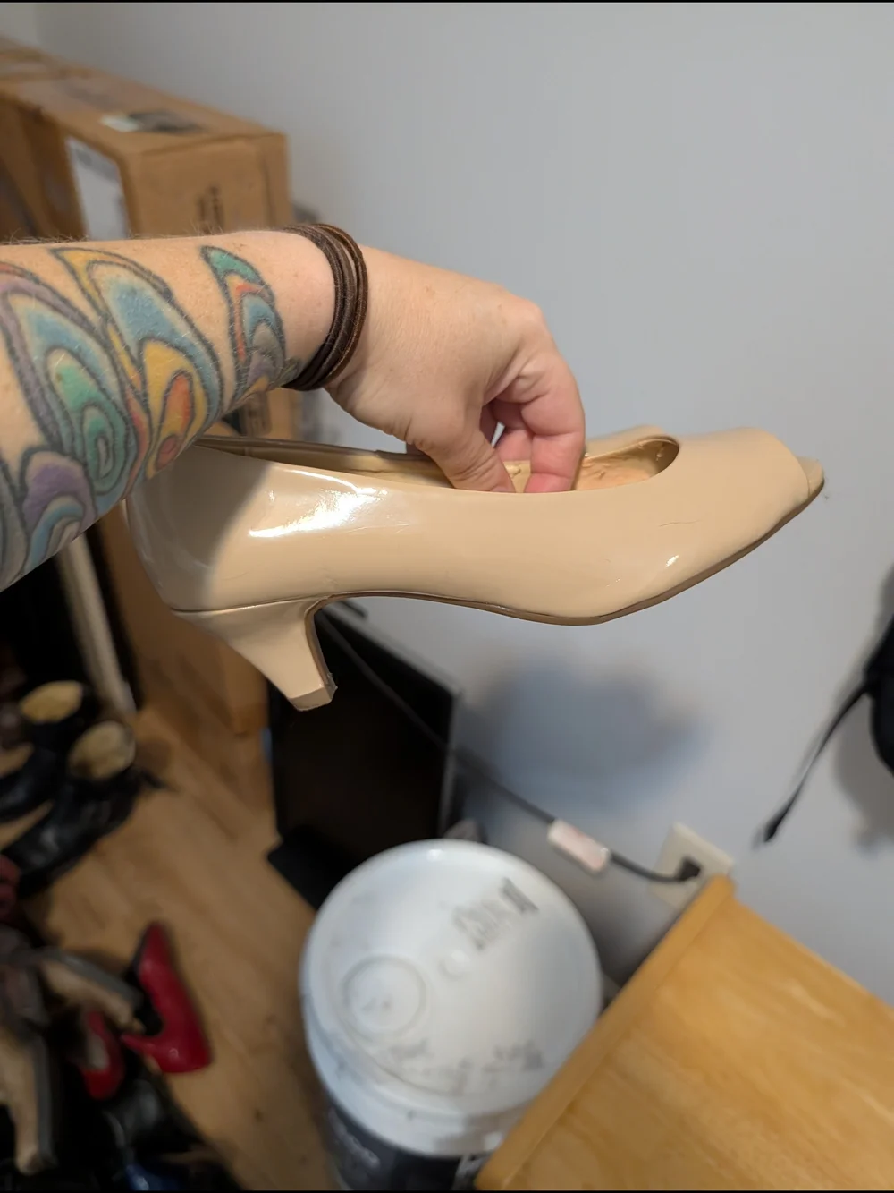 Cityclassified Beige Patent Peep-Toe Pumps